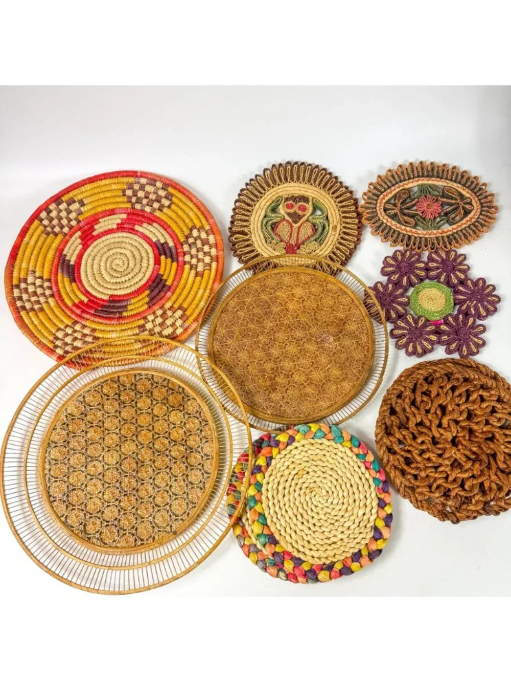 Vintage Woven Rattan Cisal Straw Boho Placemats And Decorative Trivets Set Of 10